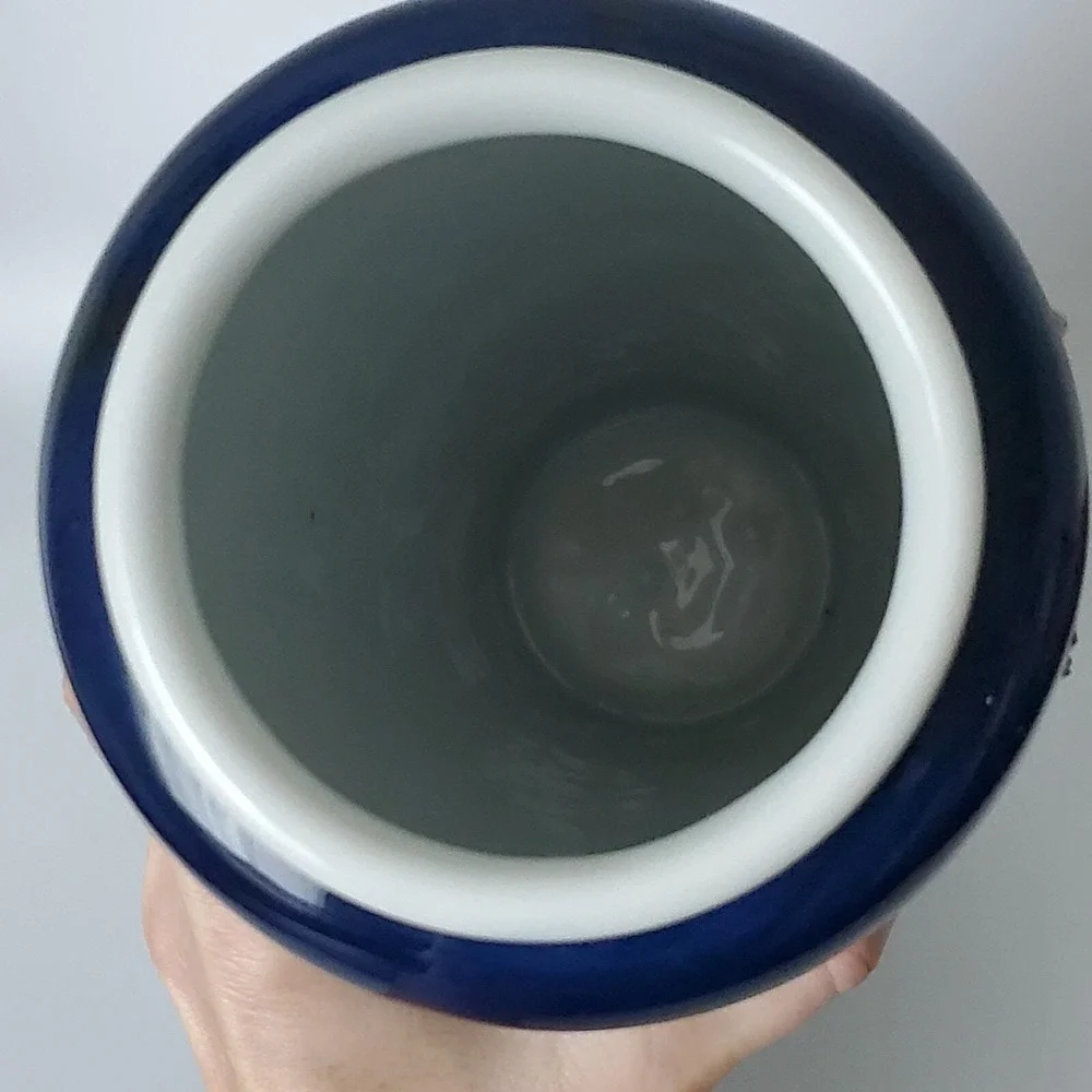 Vintage Vase Cobalt Blue Glaze Majolica Cherry Blooms 11.75